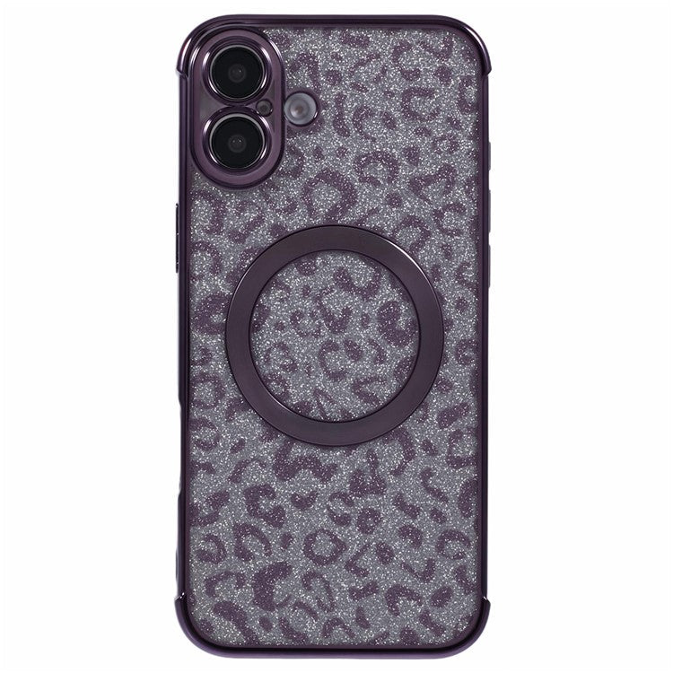 For iPhone 16 Plus Case Compatible with MagSafe Sparkly Leopard Print Clear TPU Phone Cover - Dark Purple