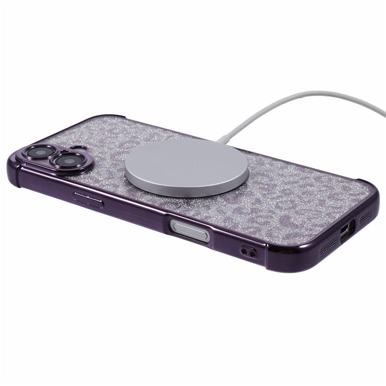 For iPhone 16 Plus Case Compatible with MagSafe Sparkly Leopard Print Clear TPU Phone Cover - Dark Purple