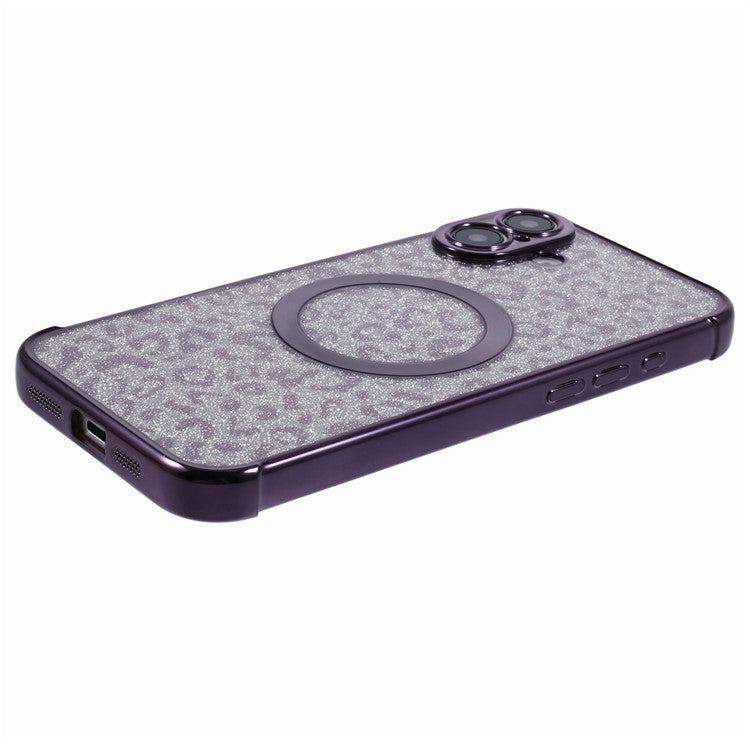For iPhone 16 Plus Case Compatible with MagSafe Sparkly Leopard Print Clear TPU Phone Cover - Dark Purple