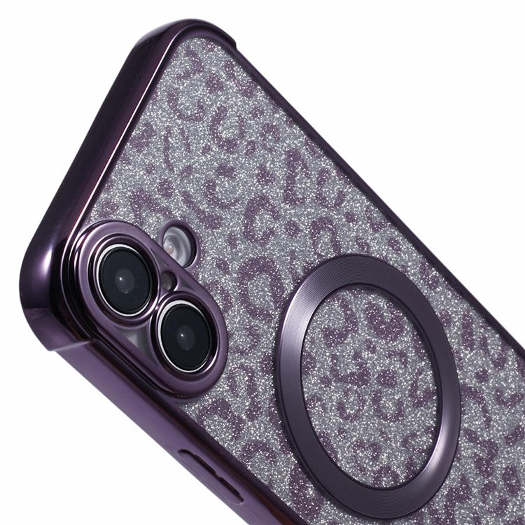 For iPhone 16 Plus Case Compatible with MagSafe Sparkly Leopard Print Clear TPU Phone Cover - Dark Purple