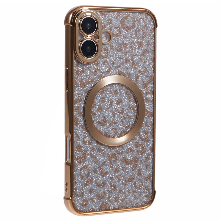 For iPhone 16 Plus Case Compatible with MagSafe Sparkly Leopard Print Clear TPU Phone Cover - Gold