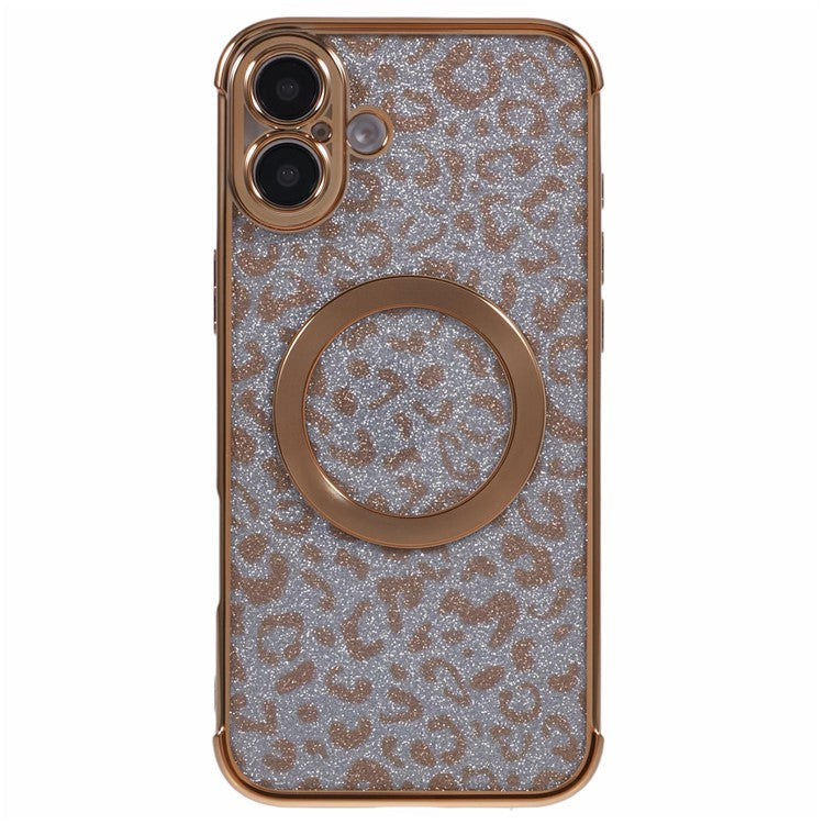 For iPhone 16 Plus Case Compatible with MagSafe Sparkly Leopard Print Clear TPU Phone Cover - Gold