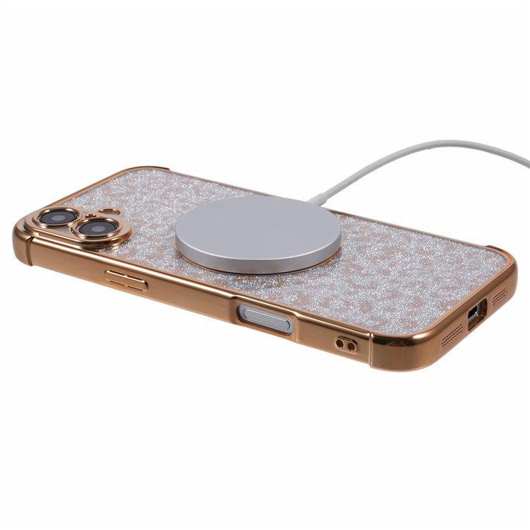 For iPhone 16 Plus Case Compatible with MagSafe Sparkly Leopard Print Clear TPU Phone Cover - Gold