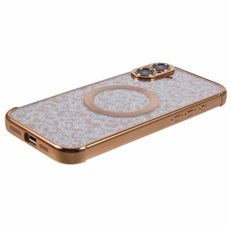 For iPhone 16 Plus Case Compatible with MagSafe Sparkly Leopard Print Clear TPU Phone Cover - Gold