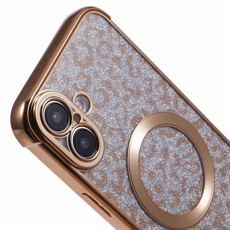 For iPhone 16 Plus Case Compatible with MagSafe Sparkly Leopard Print Clear TPU Phone Cover - Gold
