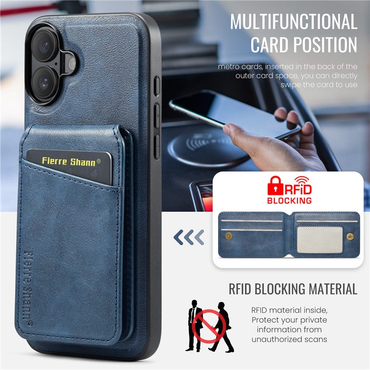 FIERRE SHANN 025 Style For iPhone 16 Case Leather+TPU Detachable Card Slots Phone Cover - Blue
