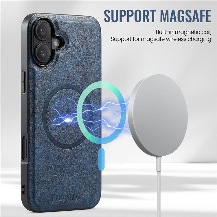FIERRE SHANN 025 Style For iPhone 16 Case Leather+TPU Detachable Card Slots Phone Cover - Blue