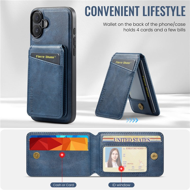 FIERRE SHANN 025 Style For iPhone 16 Case Leather+TPU Detachable Card Slots Phone Cover - Blue