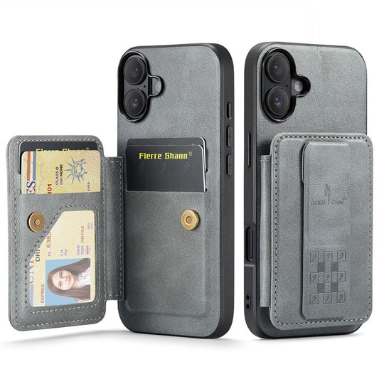 FIERRE SHANN 024 Style For iPhone 16 Plus Case Card Holder Kickstand Waxy Texture Leather+TPU Phone Cover - Grey
