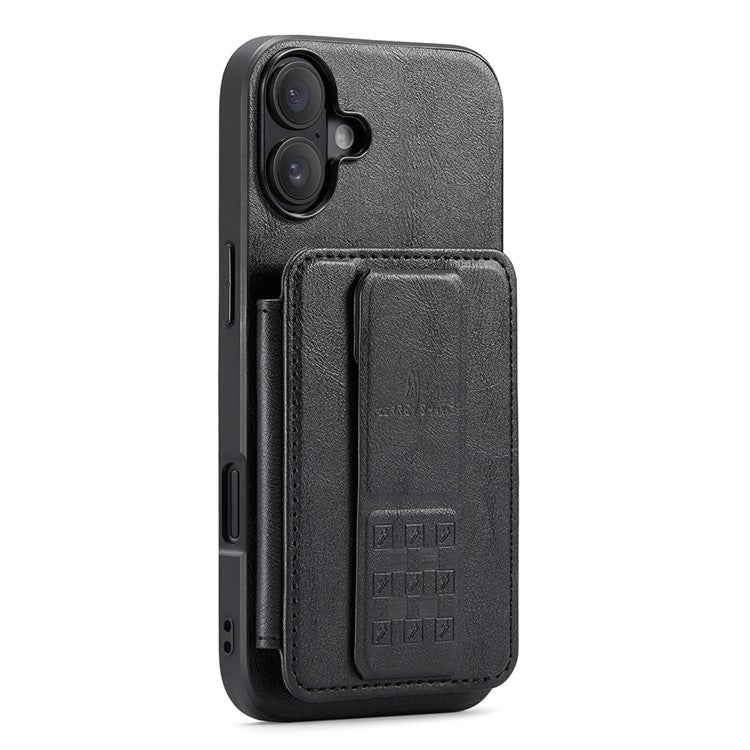 FIERRE SHANN 024 Style For iPhone 16 Case Card Holder Kickstand Waxy Texture Leather+TPU Phone Cover - Black