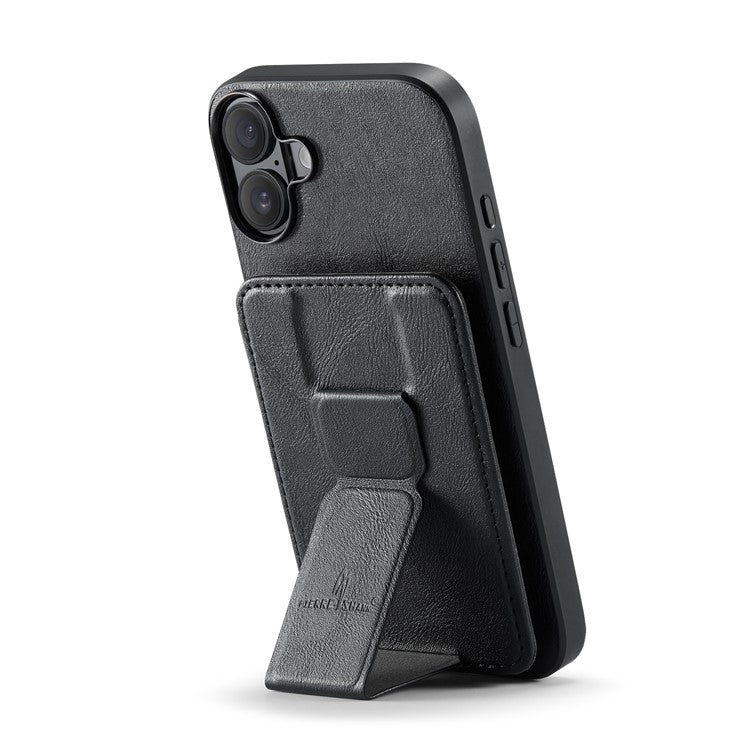 FIERRE SHANN 024 Style For iPhone 16 Case Card Holder Kickstand Waxy Texture Leather+TPU Phone Cover - Black