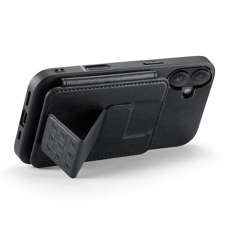 FIERRE SHANN 024 Style For iPhone 16 Case Card Holder Kickstand Waxy Texture Leather+TPU Phone Cover - Black