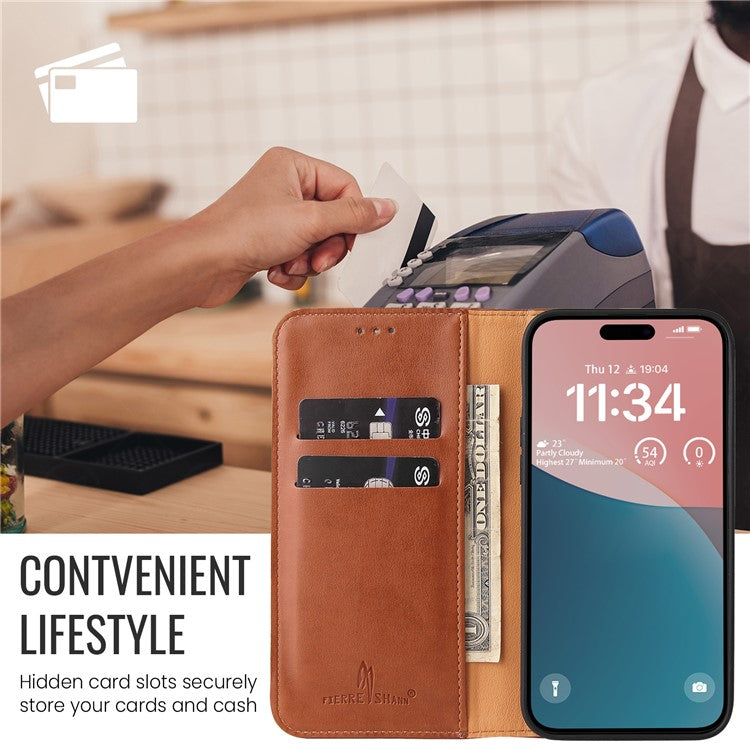 FIERRE SHANN For iPhone 16 Case PU Leather Flip Stand Wallet Phone Cover - Brown