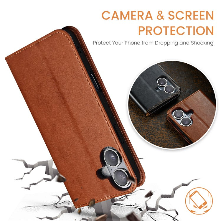 FIERRE SHANN For iPhone 16 Case PU Leather Flip Stand Wallet Phone Cover - Brown