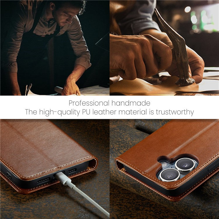 FIERRE SHANN For iPhone 16 Case PU Leather Flip Stand Wallet Phone Cover - Brown