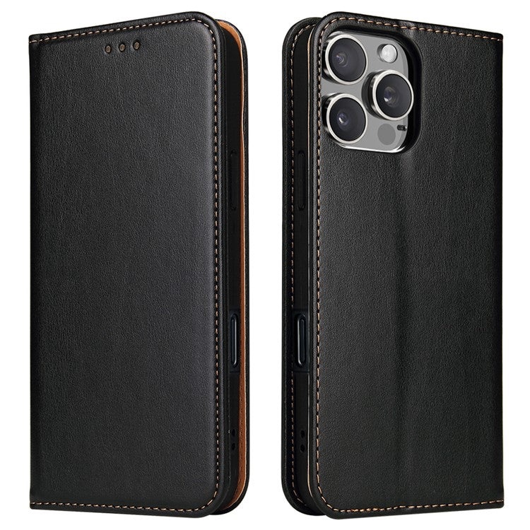 FIERRE SHANN For iPhone 16 Pro Case PU Leather Flip Stand Wallet Phone Cover - Black