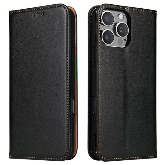 FIERRE SHANN For iPhone 16 Pro Case PU Leather Flip Stand Wallet Phone Cover - Black