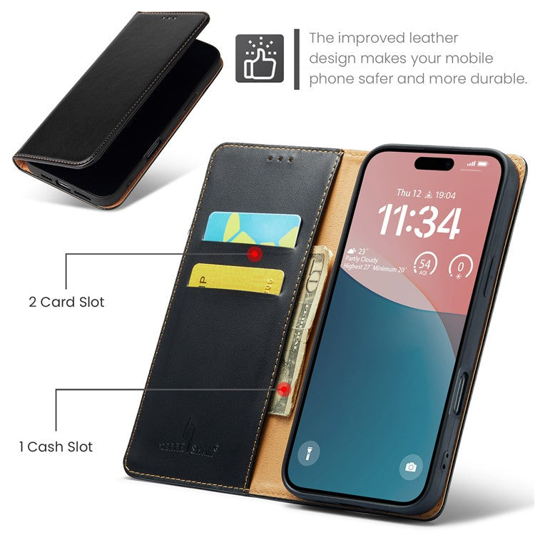 FIERRE SHANN For iPhone 16 Pro Case PU Leather Flip Stand Wallet Phone Cover - Black