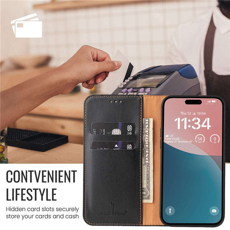 FIERRE SHANN For iPhone 16 Pro Case PU Leather Flip Stand Wallet Phone Cover - Black