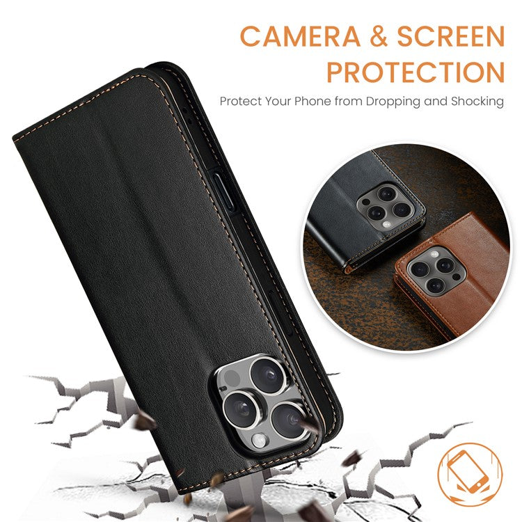 FIERRE SHANN For iPhone 16 Pro Case PU Leather Flip Stand Wallet Phone Cover - Black