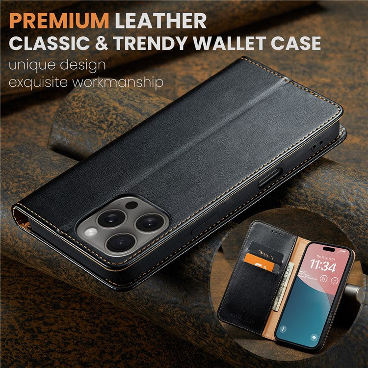 FIERRE SHANN For iPhone 16 Pro Case PU Leather Flip Stand Wallet Phone Cover - Black
