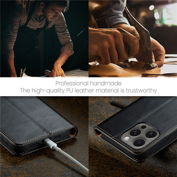 FIERRE SHANN For iPhone 16 Pro Case PU Leather Flip Stand Wallet Phone Cover - Black