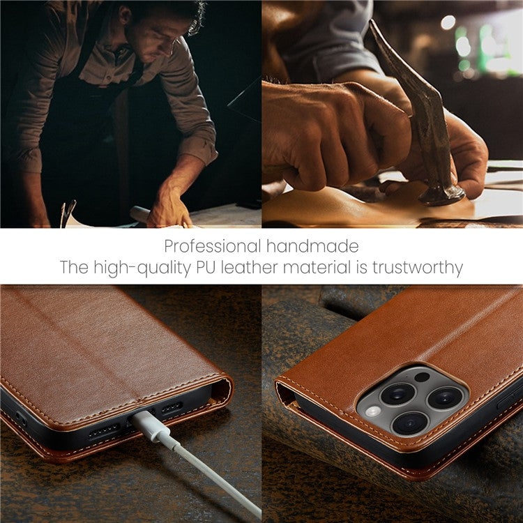 FIERRE SHANN For iPhone 16 Pro Case PU Leather Flip Stand Wallet Phone Cover - Brown