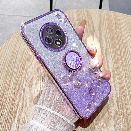 KADEM For Xiaomi Poco C75 4G / Redmi 14R 5G / 14C 4G Case Ring Kickstand TPU Flowers Phone Cover Gradient Glitter - Purple