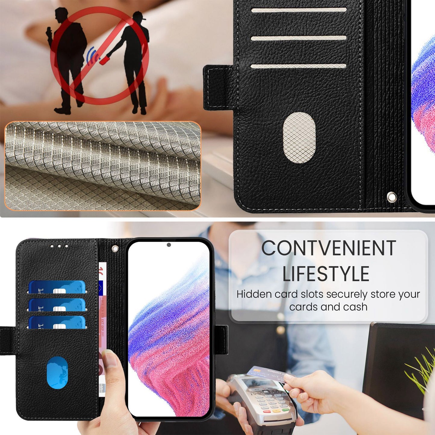 For Samsung Galaxy A06 Case Rose Imprinted RFID Blocking Leather Phone Cover with Strap - Black