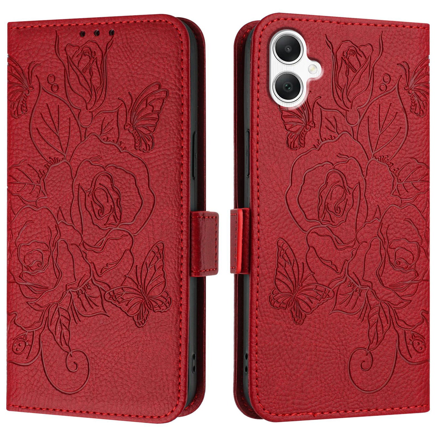 For Samsung Galaxy A06 Case Rose Imprinted RFID Blocking Leather Phone Cover with Strap - Red