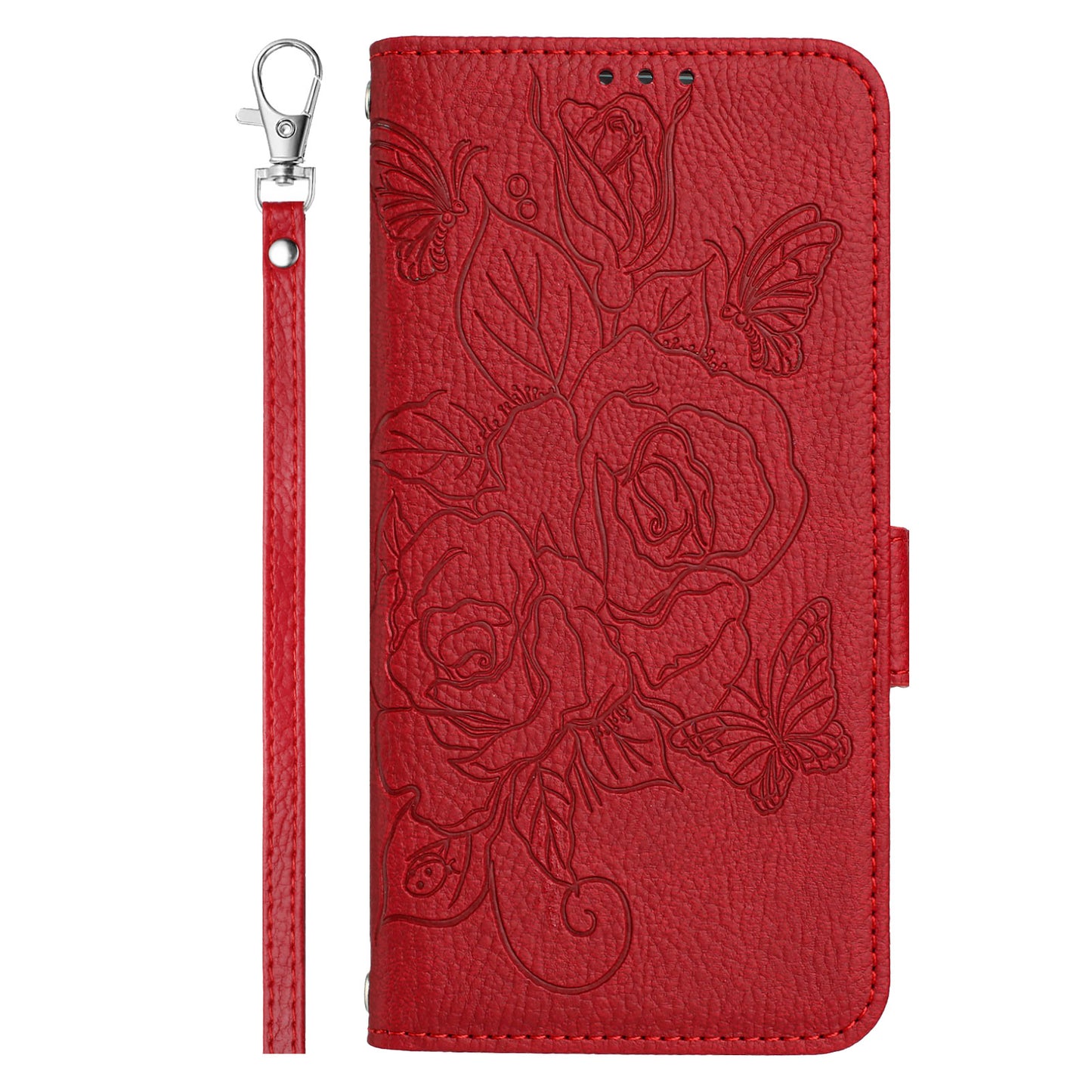 For Samsung Galaxy A06 Case Rose Imprinted RFID Blocking Leather Phone Cover with Strap - Red