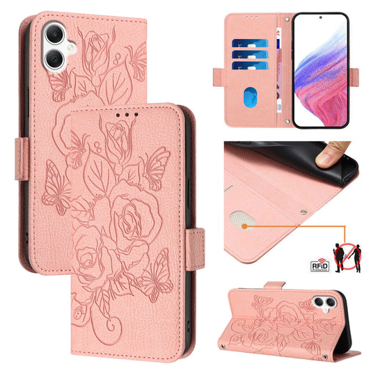For Samsung Galaxy A06 Case Rose Imprinted RFID Blocking Leather Phone Cover with Strap - Pink