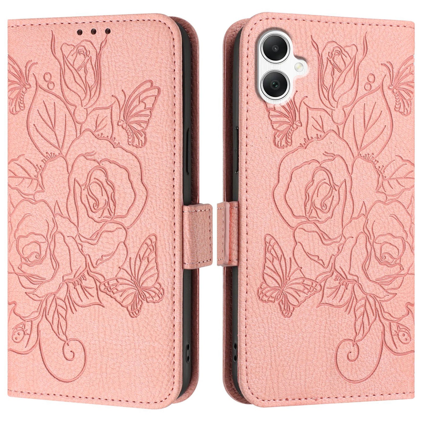 For Samsung Galaxy A06 Case Rose Imprinted RFID Blocking Leather Phone Cover with Strap - Pink