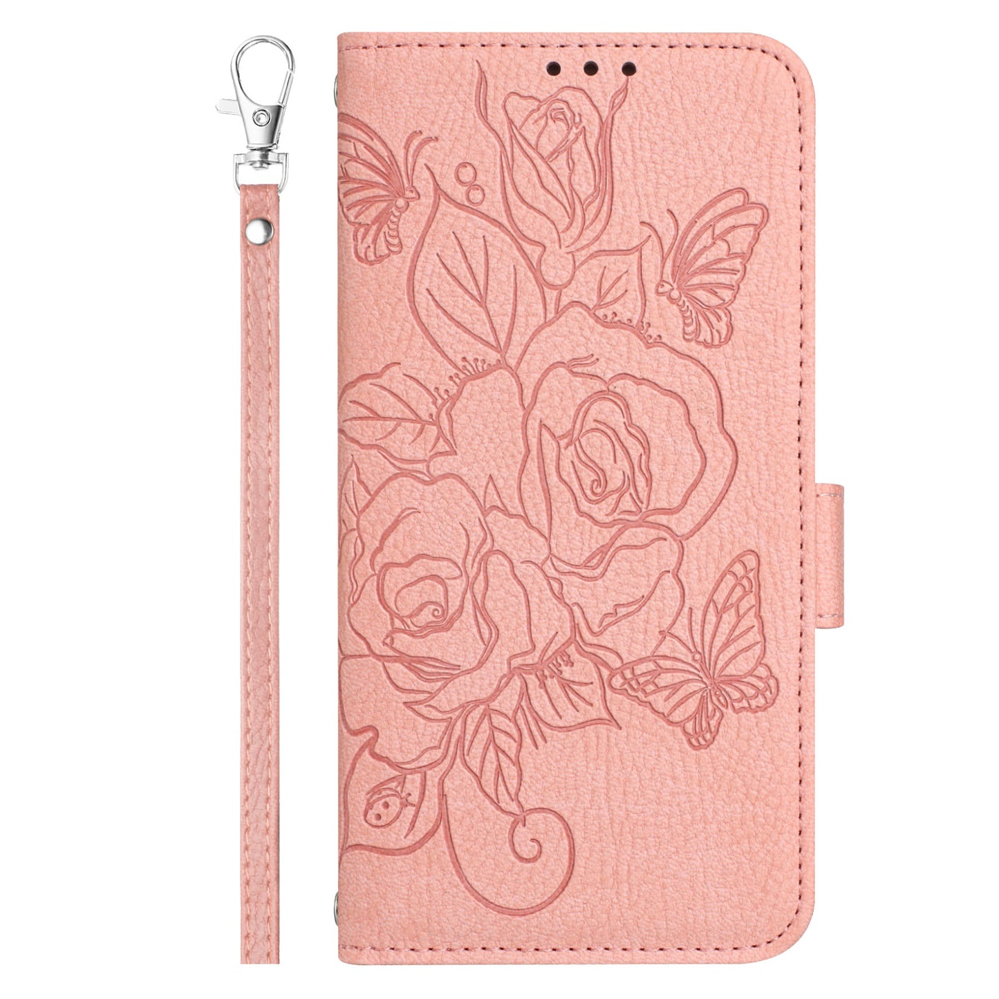 For Samsung Galaxy A06 Case Rose Imprinted RFID Blocking Leather Phone Cover with Strap - Pink
