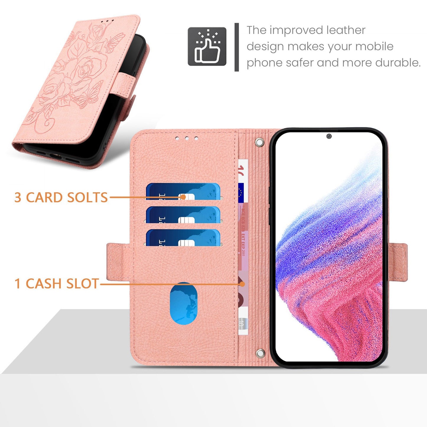 For Samsung Galaxy A06 Case Rose Imprinted RFID Blocking Leather Phone Cover with Strap - Pink