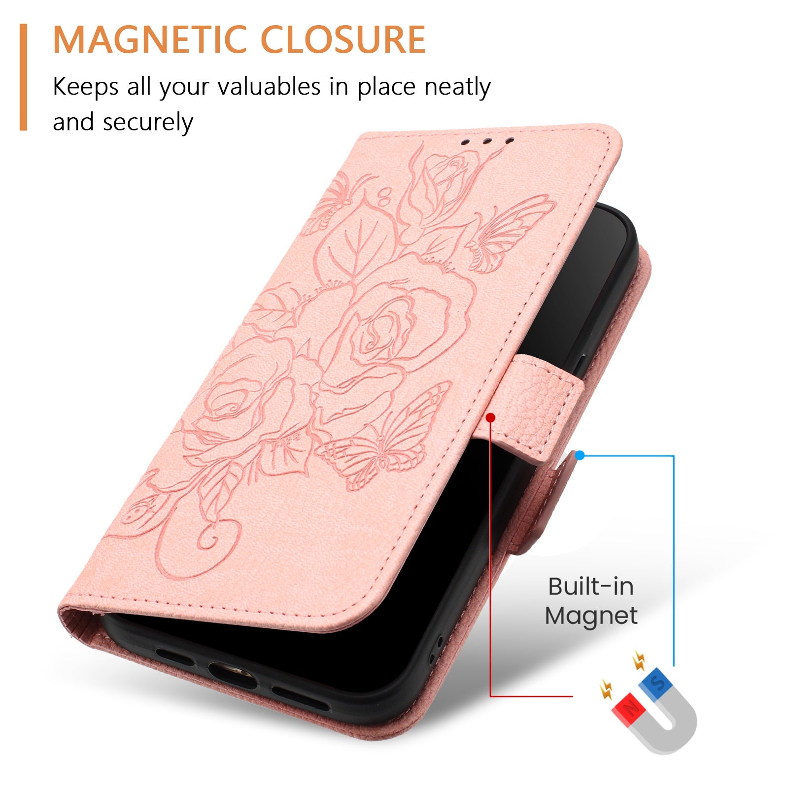 For Samsung Galaxy A06 Case Rose Imprinted RFID Blocking Leather Phone Cover with Strap - Pink