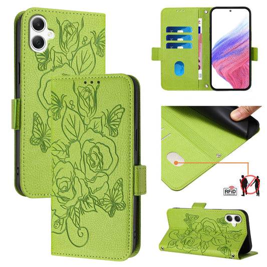 For Samsung Galaxy A06 Case Rose Imprinted RFID Blocking Leather Phone Cover with Strap - Green