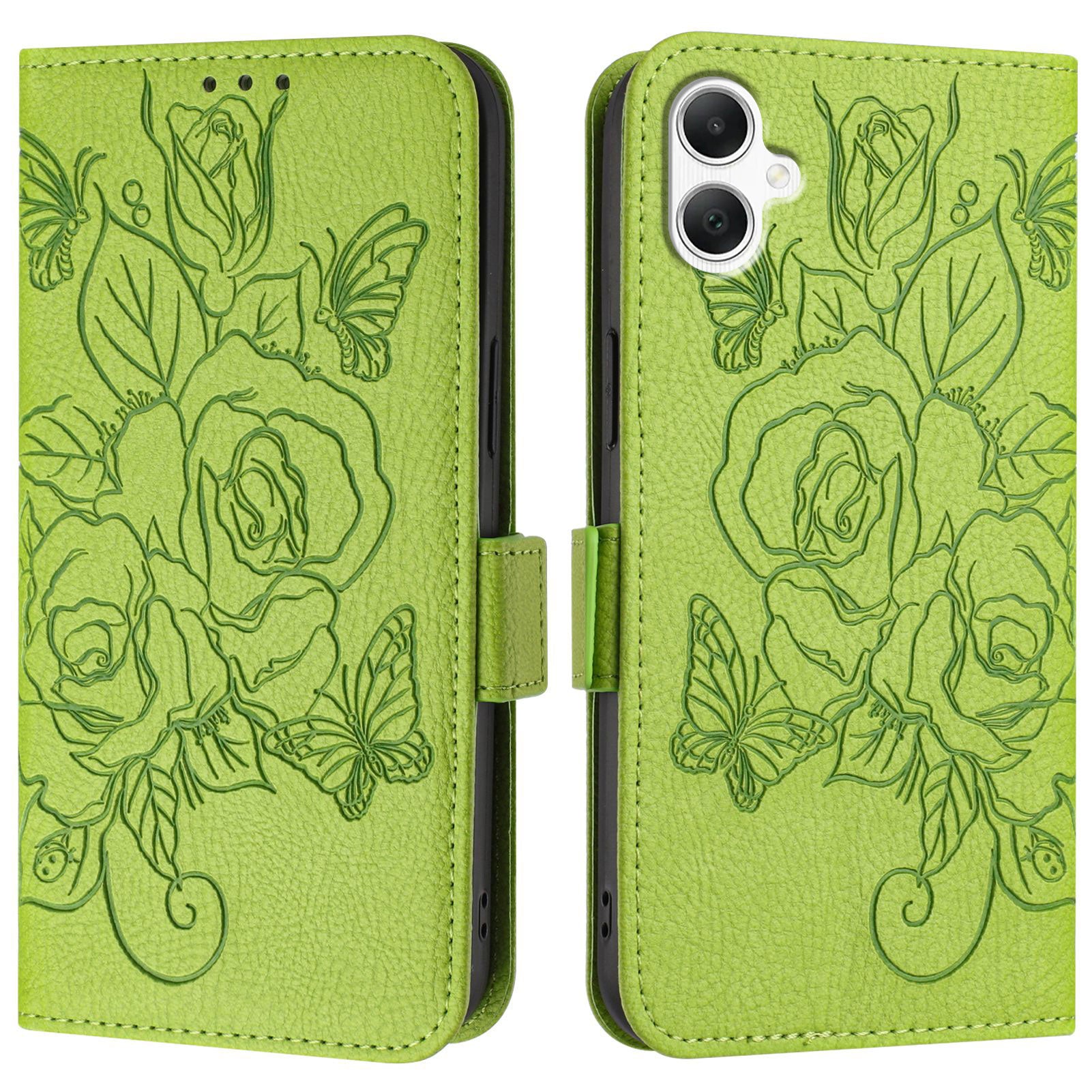 For Samsung Galaxy A06 Case Rose Imprinted RFID Blocking Leather Phone Cover with Strap - Green