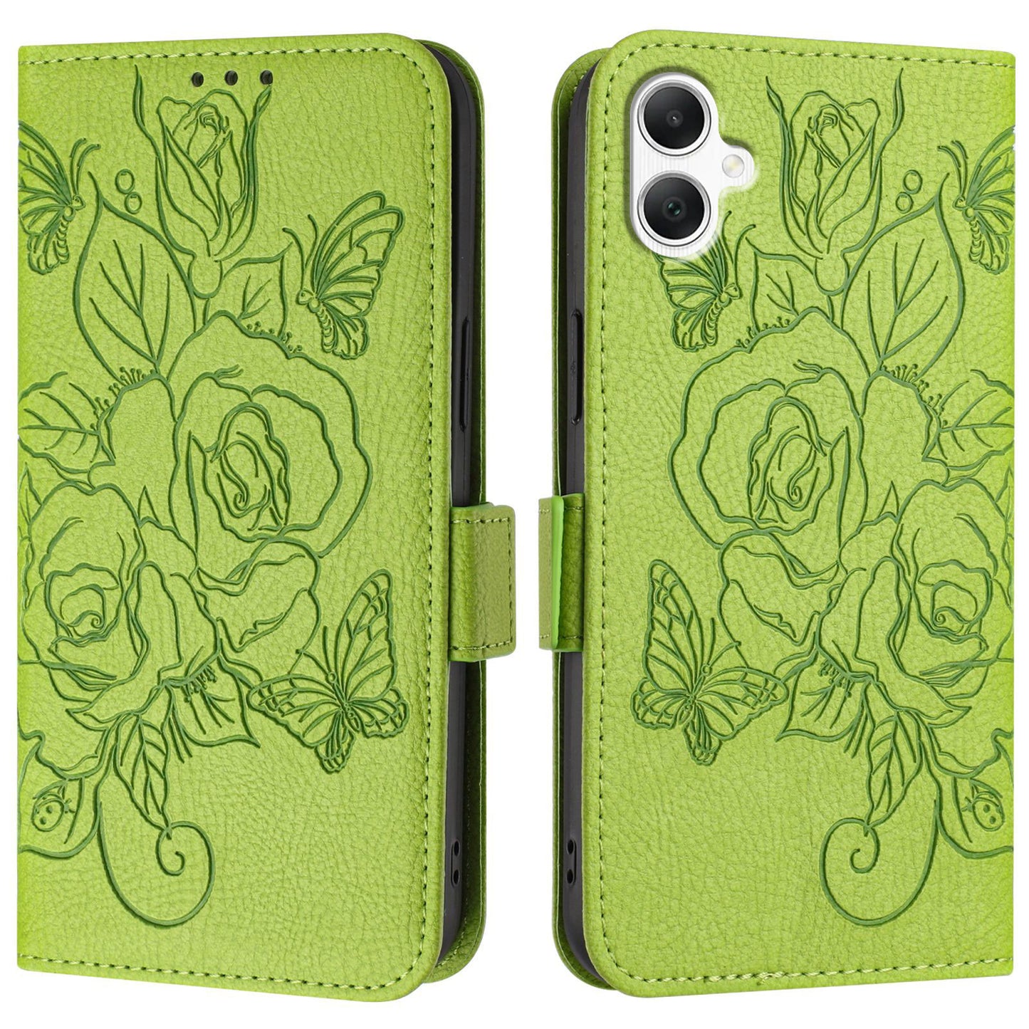 For Samsung Galaxy A06 Case Rose Imprinted RFID Blocking Leather Phone Cover with Strap - Green