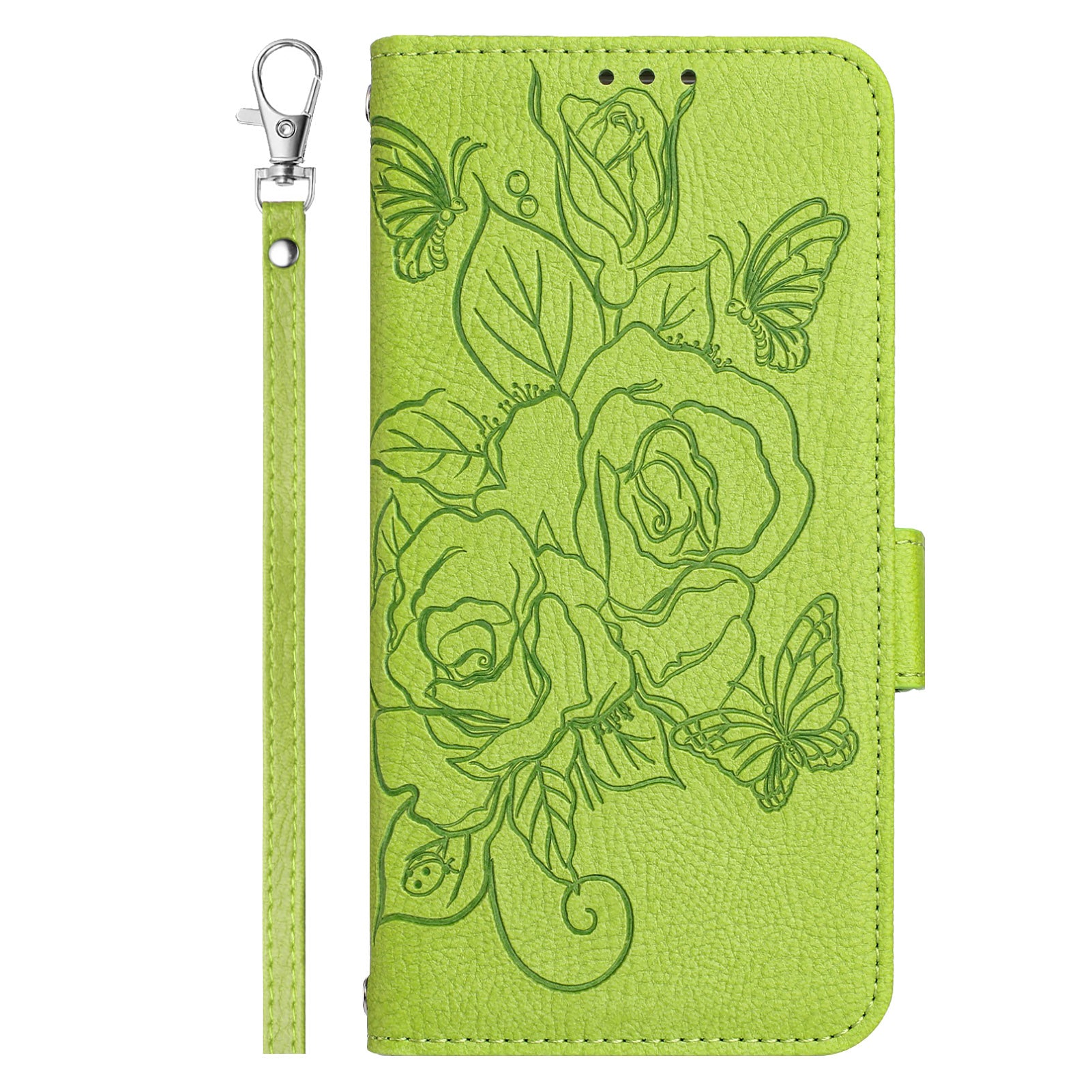 For Samsung Galaxy A06 Case Rose Imprinted RFID Blocking Leather Phone Cover with Strap - Green