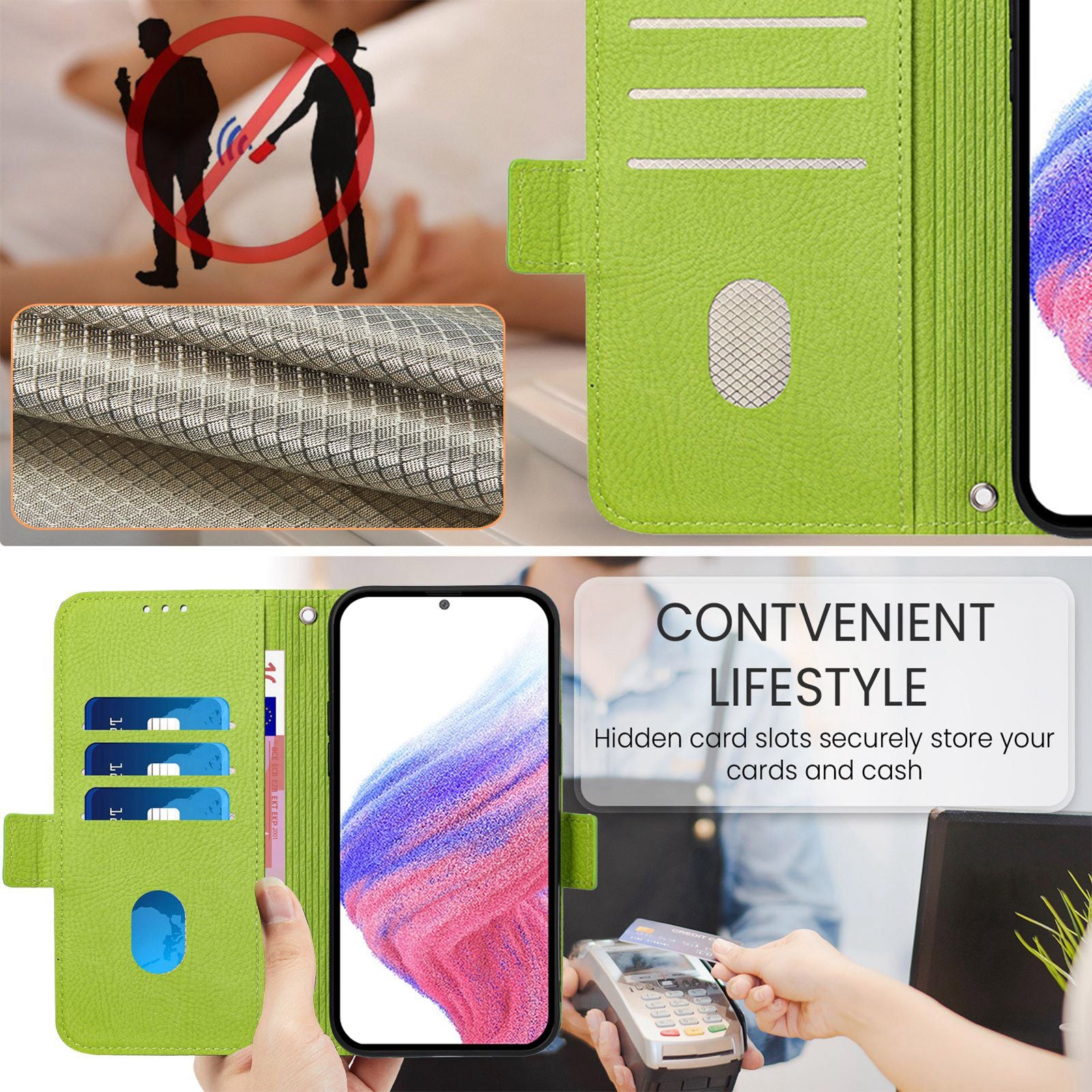 For Samsung Galaxy A06 Case Rose Imprinted RFID Blocking Leather Phone Cover with Strap - Green