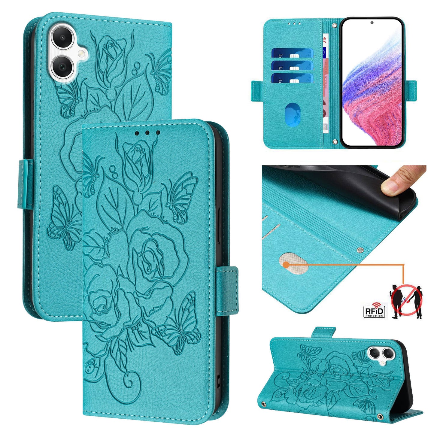 For Samsung Galaxy A06 Case Rose Imprinted RFID Blocking Leather Phone Cover with Strap - Baby Blue