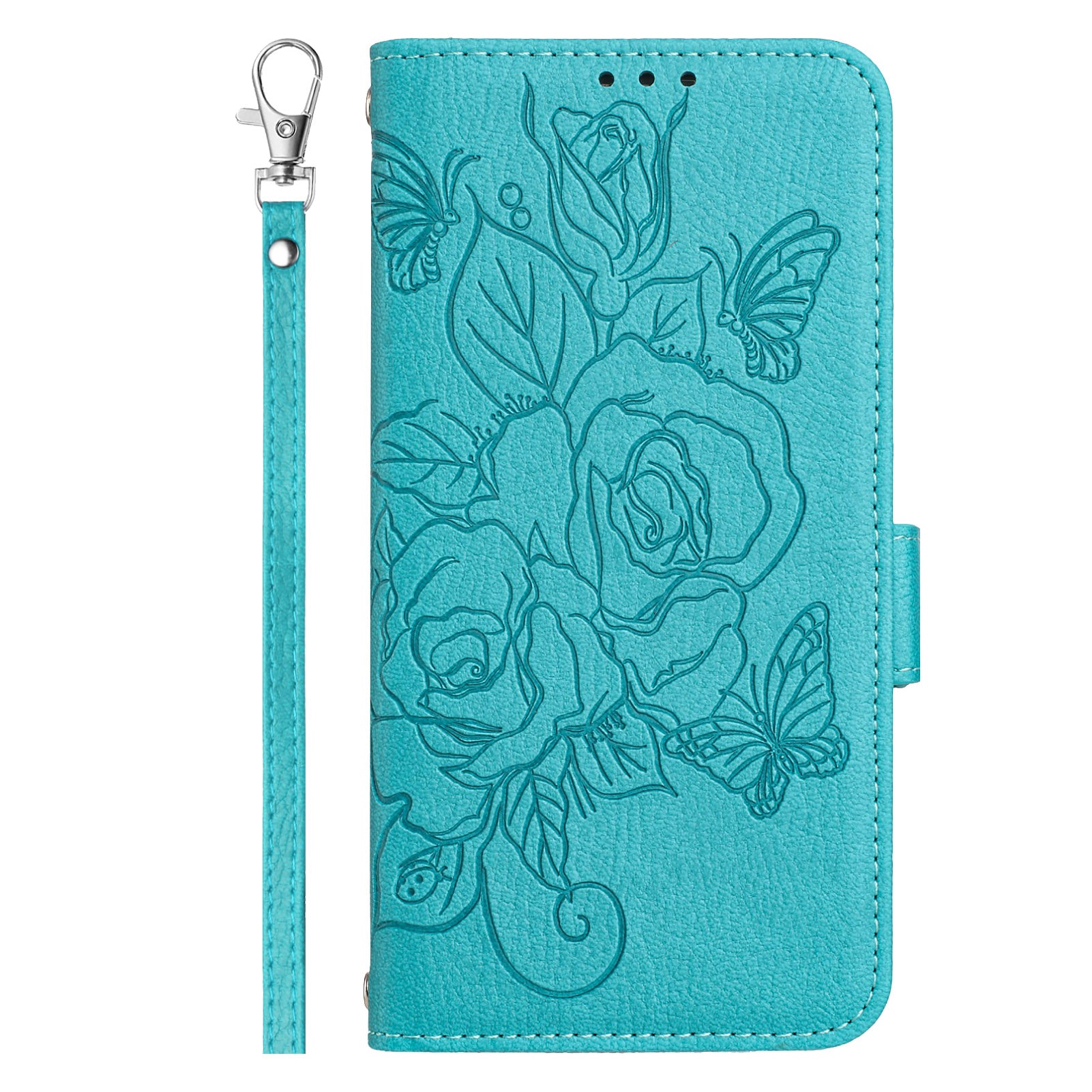 For Samsung Galaxy A06 Case Rose Imprinted RFID Blocking Leather Phone Cover with Strap - Baby Blue