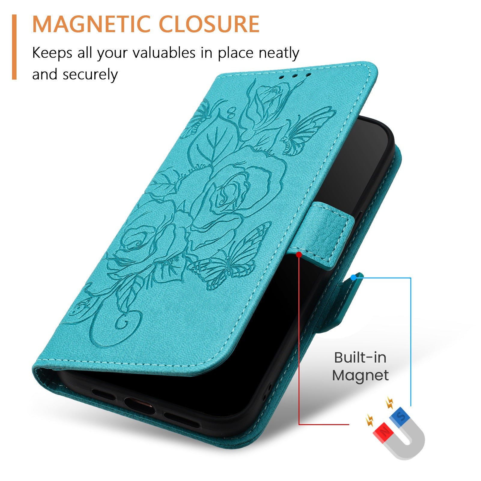 For Samsung Galaxy A06 Case Rose Imprinted RFID Blocking Leather Phone Cover with Strap - Baby Blue