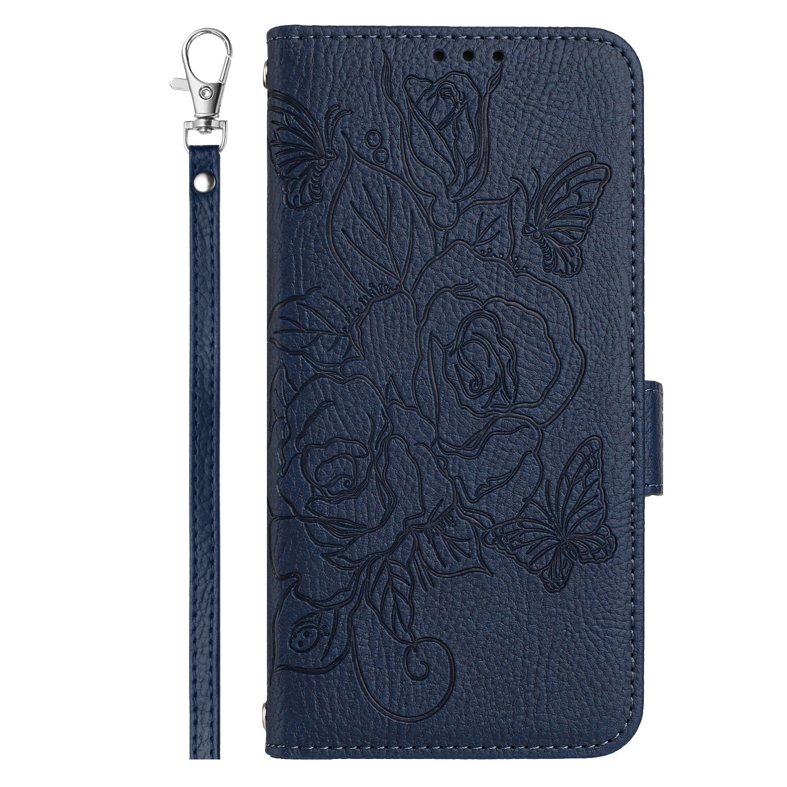 For Samsung Galaxy A06 Case Rose Imprinted RFID Blocking Leather Phone Cover with Strap - Dark Blue