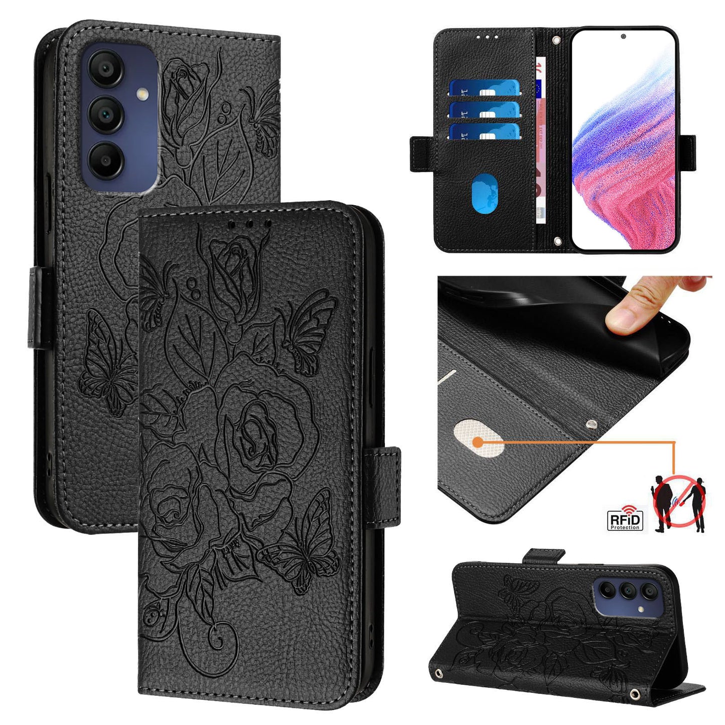 For Samsung Galaxy A16 5G / A16 4G Case Rose Imprinted RFID Blocking Leather Phone Cover with Strap - Black
