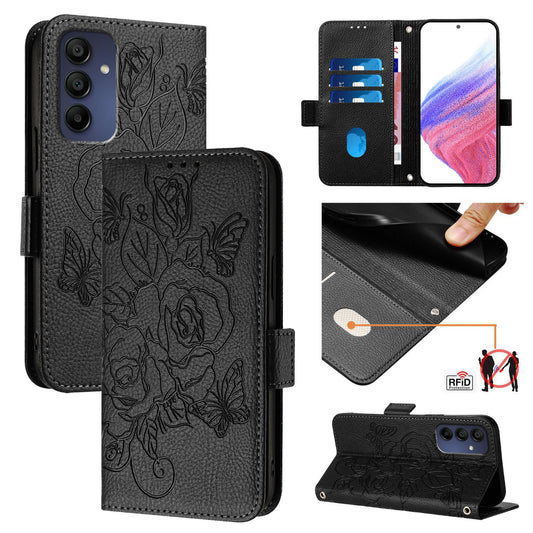 For Samsung Galaxy A16 5G / A16 4G Case Rose Imprinted RFID Blocking Leather Phone Cover with Strap - Black