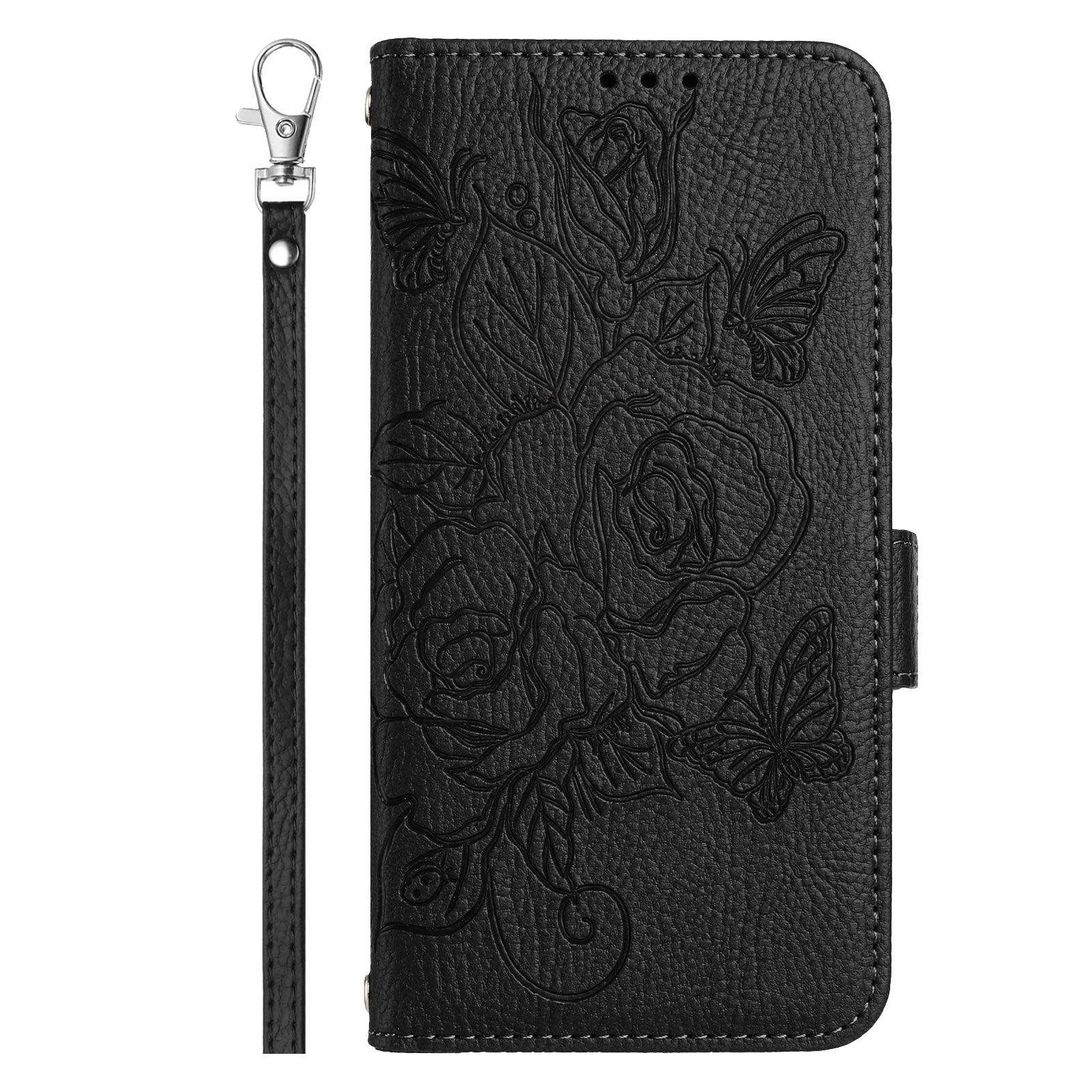 For Samsung Galaxy A16 5G / A16 4G Case Rose Imprinted RFID Blocking Leather Phone Cover with Strap - Black