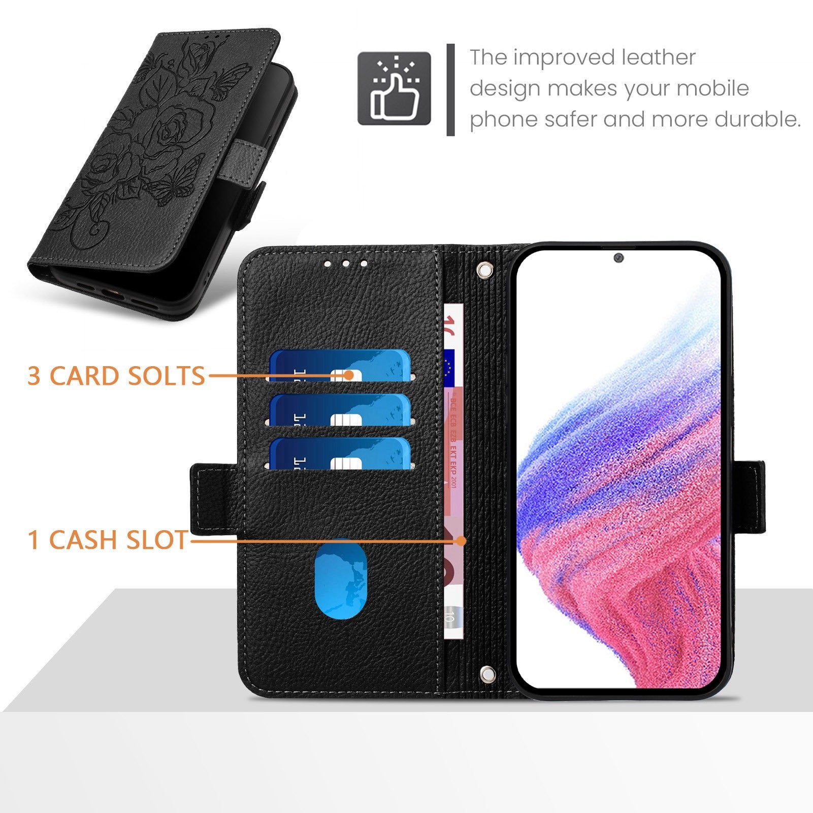 For Samsung Galaxy A16 5G / A16 4G Case Rose Imprinted RFID Blocking Leather Phone Cover with Strap - Black