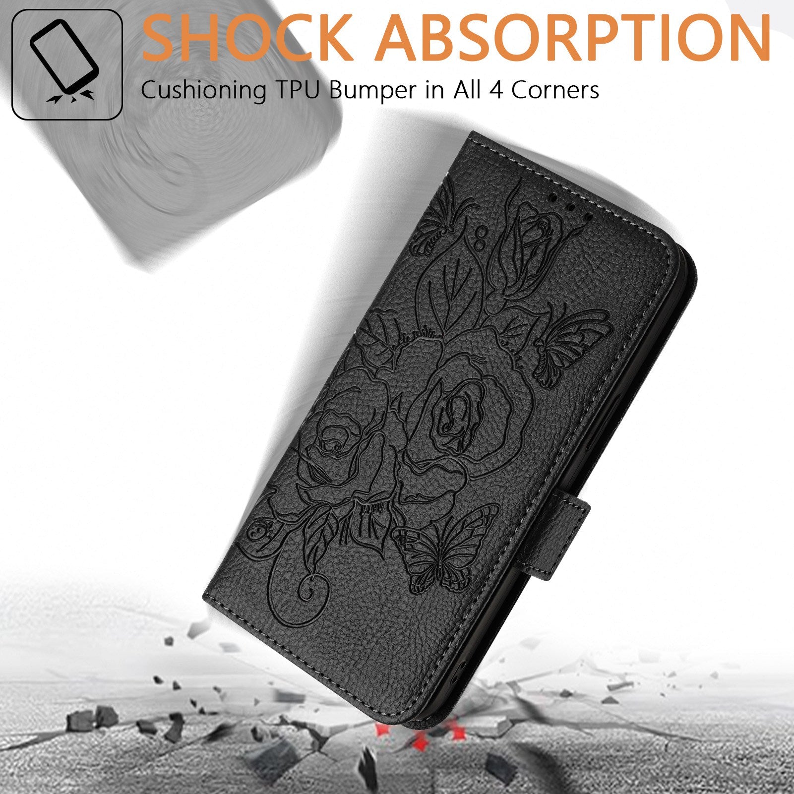 For Samsung Galaxy A16 5G / A16 4G Case Rose Imprinted RFID Blocking Leather Phone Cover with Strap - Black